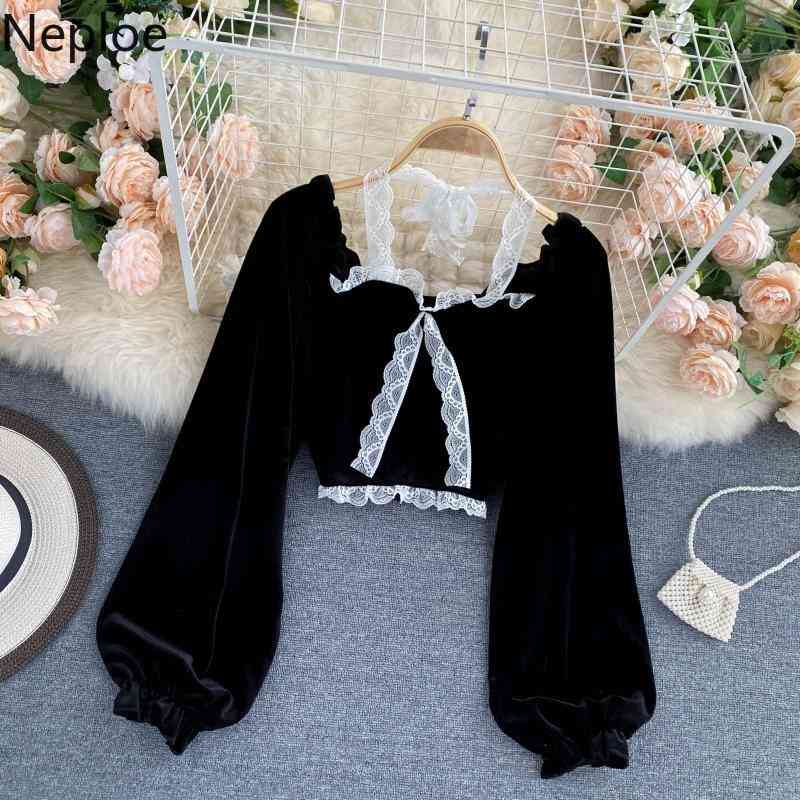 Neploe Blouses Women Vintage Velvet Shirts Square Collar Lace Bandage Halter Black Blusas Mujer Lantern Sleeve Short Tops 94897 210422