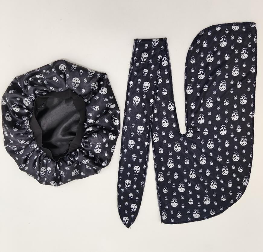 

wholesale 20Colors Durag Nightcap Set Designer Women Sleeping Cap Bonnets Bathroom Accessories Double-deck Satin Wide-brimmed Shower Caps Long Tail Pirate Hat