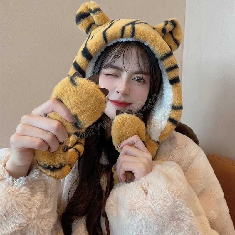 

Winter Hat Scarf Set with Gloves Luxury Thick Animal Plush Warm Cashmere Foulard Bufanda Women Hooded Scarves, Mixed color