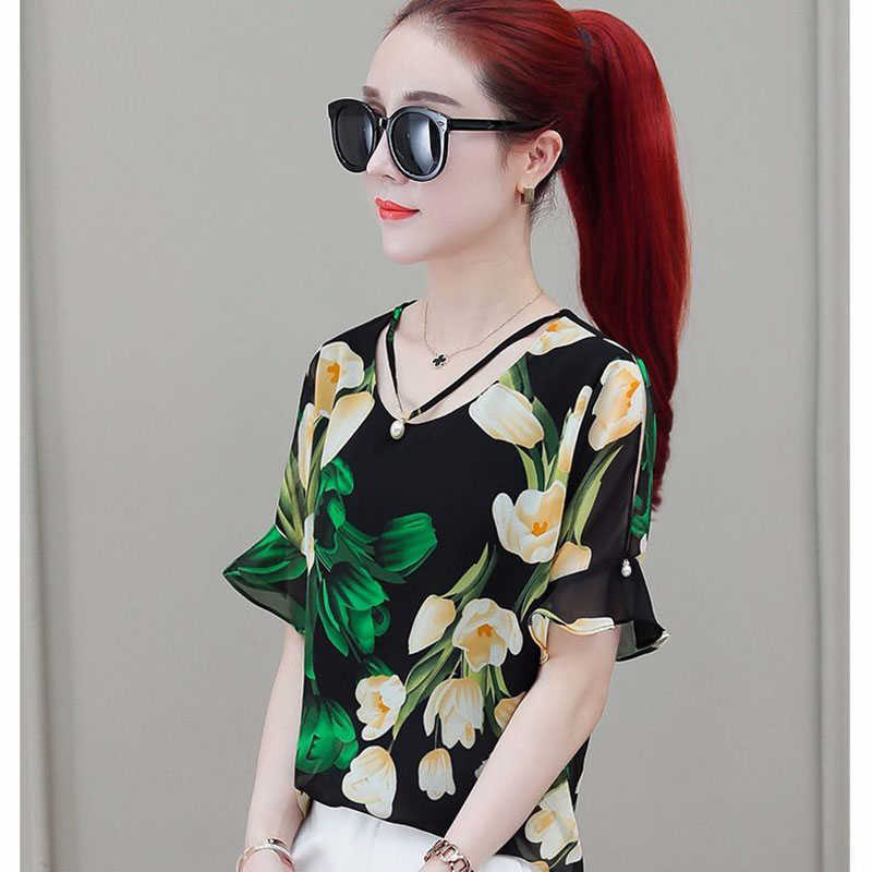 

Women Spring Summer Style Chiffon blouses Shirts Lady Casual Short Flare Sleeve Flower Printed Blusas Tops DF2889 210609, Yellow