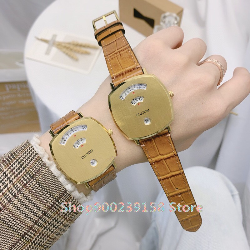 

35mm 38mm fashion couple quartz watch Grip series embossed brand logo genuine leather wristwatch gold color hours minute dial, As photo