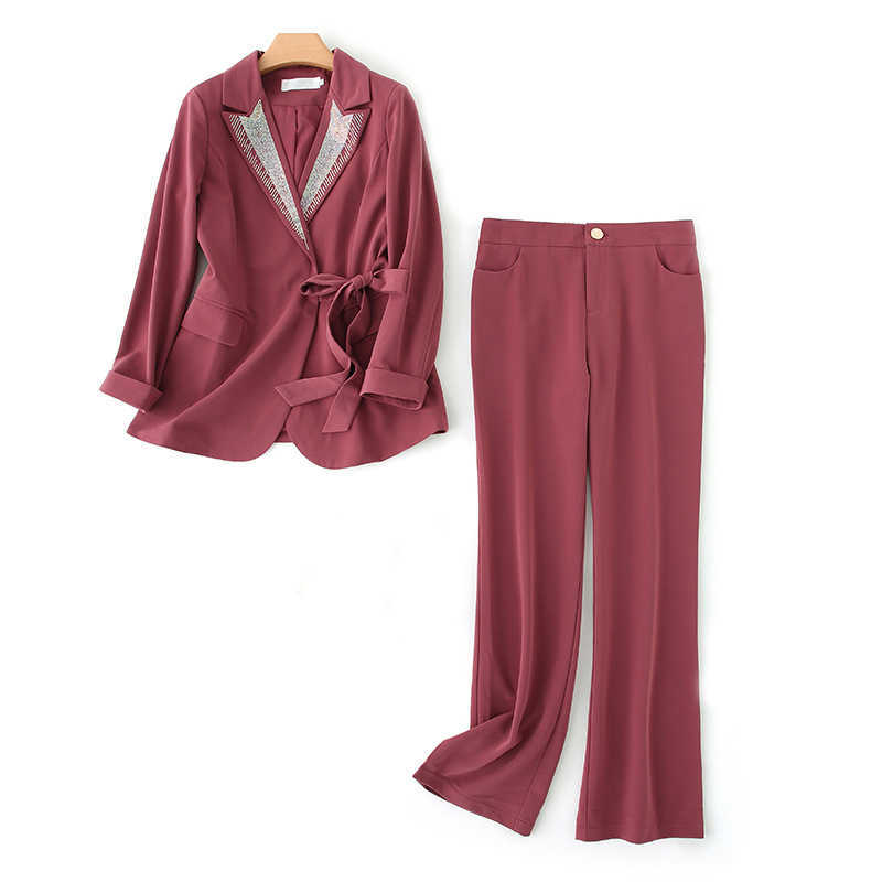 

autumn season high-quality ladies suit pants office business wear two-piece Fashion diamond-studded jacket 210527