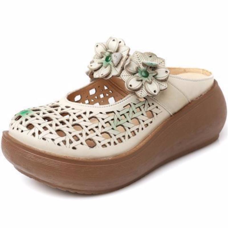 

Slippers Hollow Baotou Omen Women Leather Thick-soled Ladies Flat Ethnic Style Flowers Wedges, Black