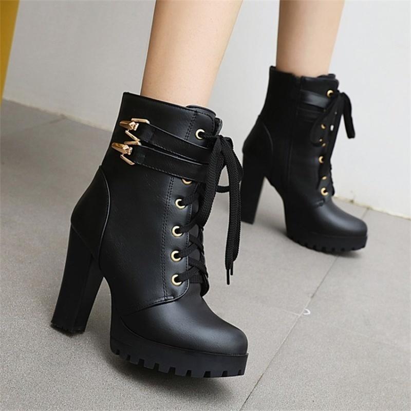 

Dress Shoes Autumn And Winter Low Tube Boots Women's Rubber Soled Thick Heel Waterproof Platform Super High Lace Up Round, Black
