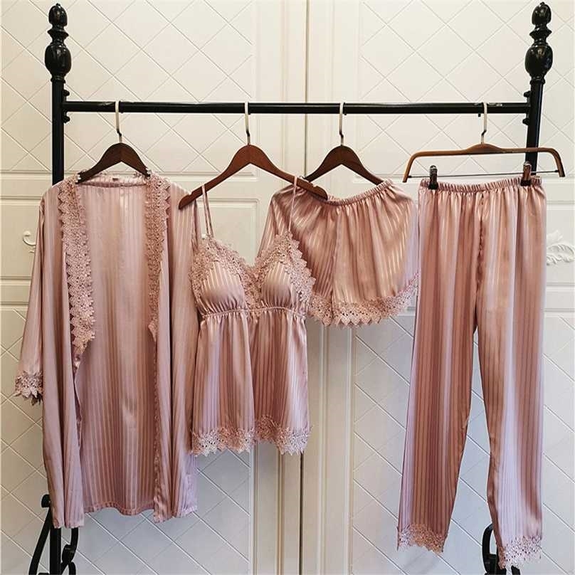 

MECHCITIZ 4 pc Pajamas Sets Silk Pyjama Sexy Sleepwear Pant Spring Satin Lace Pijamas Homewear Clothes Lingerie Robe 211106, 2 piece