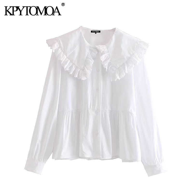 

KPYTOMOA Women Sweet Fashion With Peter pan Collar Ruffled Blouses Vintage Long Sleeve Button-up Female Shirts Chic Tops 210721, As picture