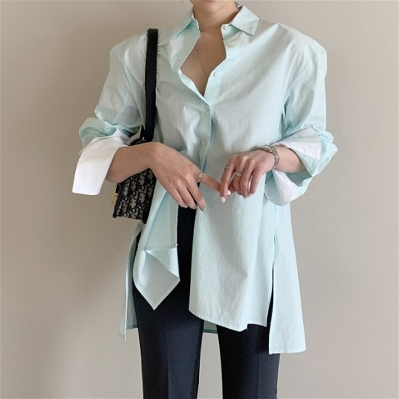

Vintage Casual Long Sleeve Lapel Tunic Tops Solid Loose Blouse Shirts Celmia Autumn Pleated Irregular Split Hem Chic Blusas 210603, Picture color