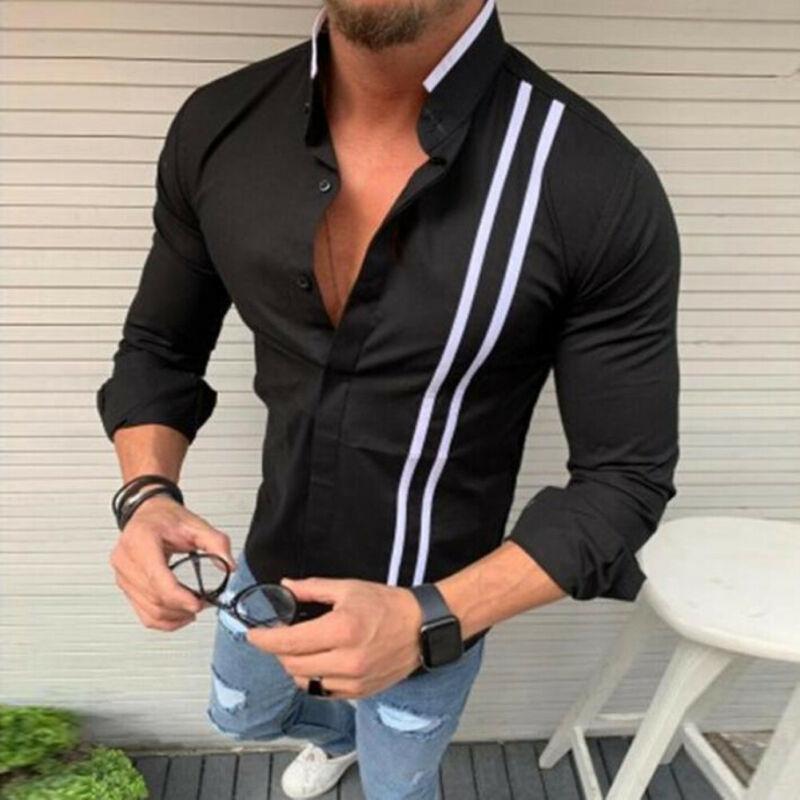 

Shirt Fashion Stylish Black White Striped Shirt Mens Casual Dress Shirts Long Sleeve Button Slim Fit Shirts, White;black