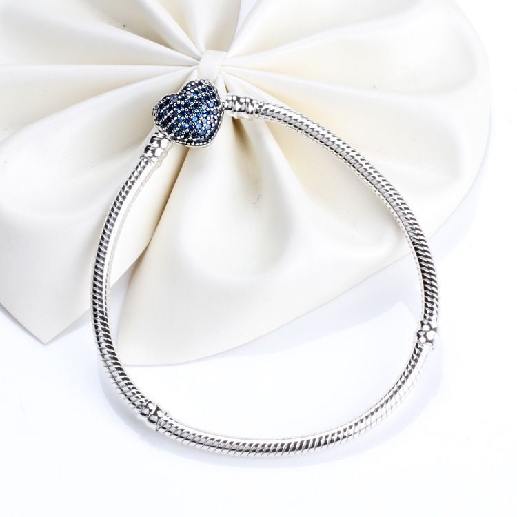 

Luxury Fashion Bule CZ diamond Heart Bracelets Original box for Pandora 925 Silver Smooth Snake Chain Bracelet
