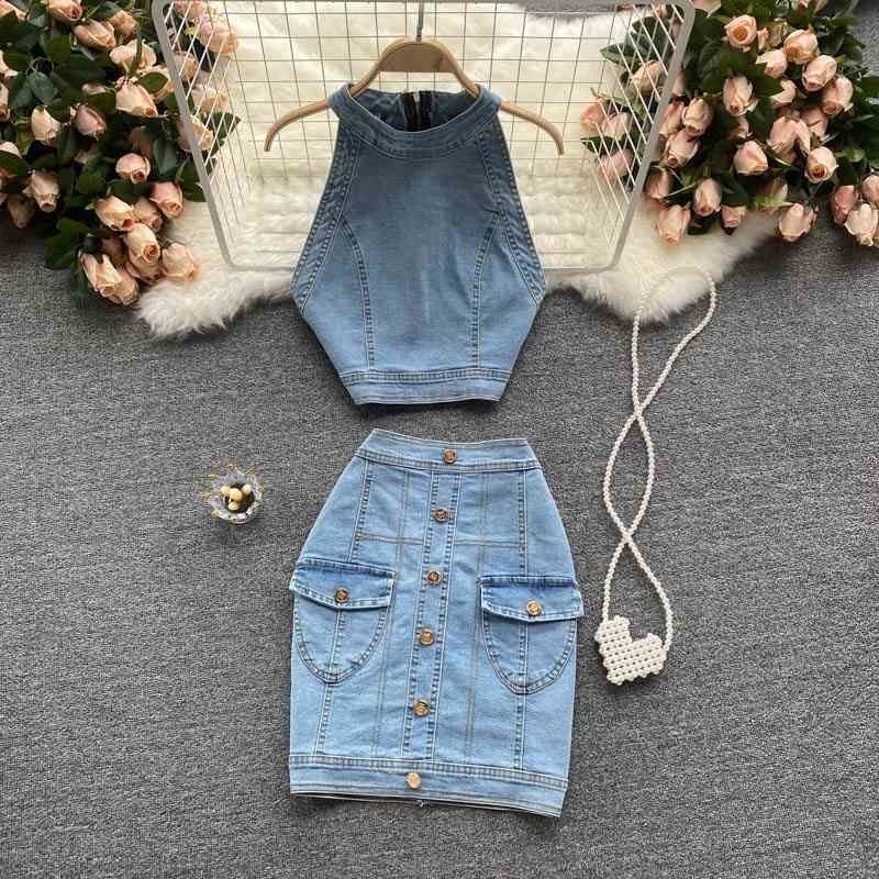 

Women' summer suit halter neck short top women' all-match high-waist skirt two-piece trend 210525, Blue