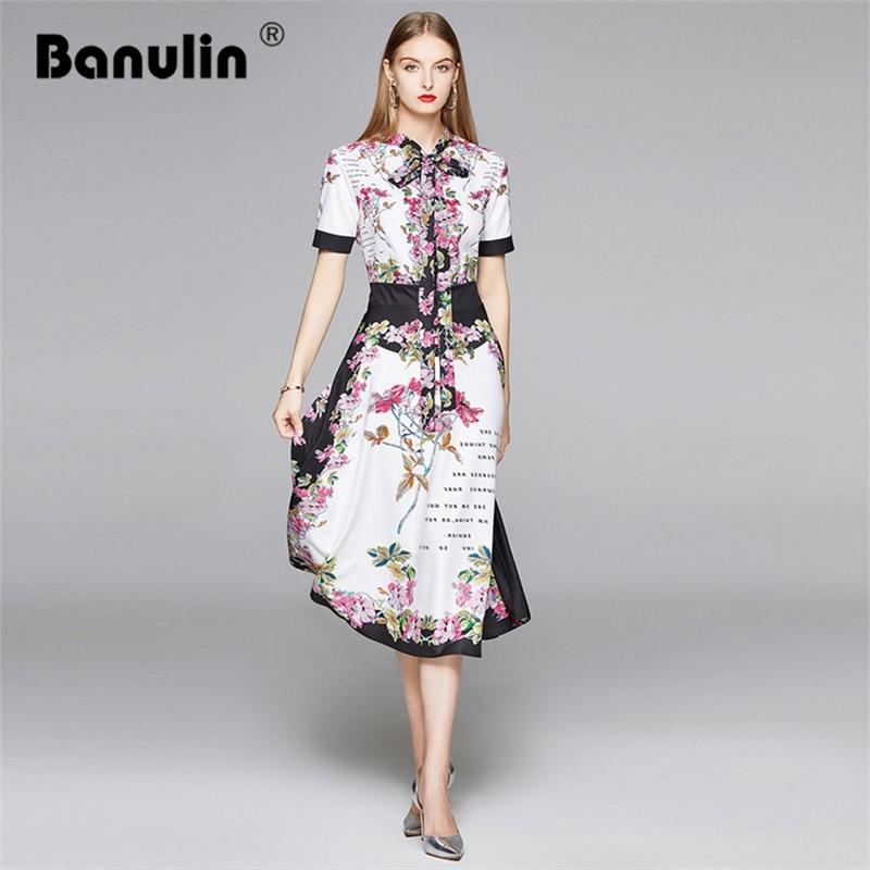 

Banulin Summer Runway Designer Bow Neck Dress Women Short Sleeve Letter Floral Print Vintage Female Elegant Midi 210603, Design and color
