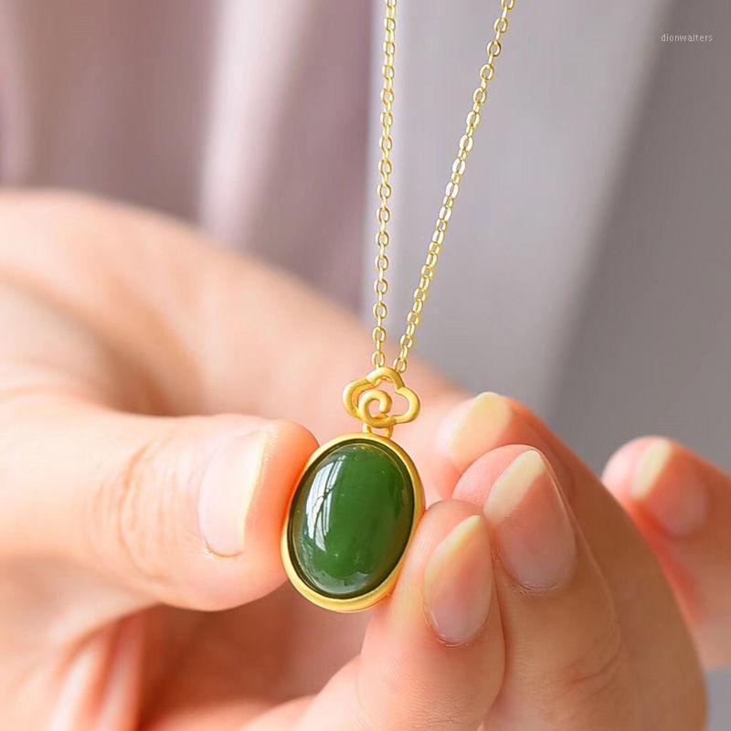 

Silver Inlaid Natural Hetian White Chalcedony Oval Auspicious Cloud Pendant Niche Craft Charm High Sense Women Necklace Chains