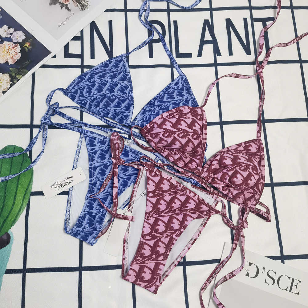 

Fashion brand d family letter printed bikini women' sexy bandage neck triangle split holiday swimsuit, Blue