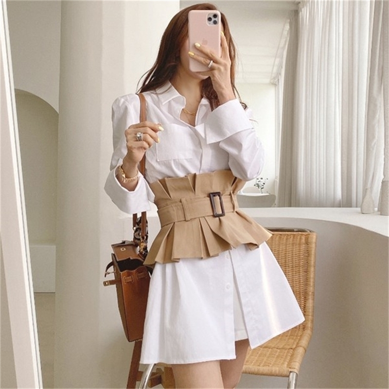 

Korean Elegant Fashion Women Two Piece Set Vintage White Lapel Long Sleeve Office OL Shirt Mini Dress With Khaki Girdle 210519, Photo color