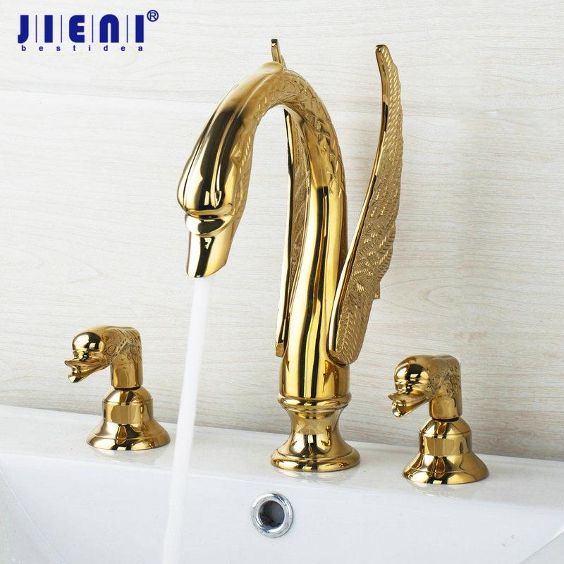 

Golde Plated Bathtub Torneira Swan 5 Pieces Double Handle Deck Mounted Shower Bathroom Vessel Basin Sink Faucet Mixer Tap Sets