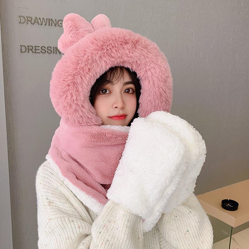 

Hats, Scarves & Gloves Sets Winter Imitation Fur Hat Scarf Three-piece Women Cute Bowknot Plus Velvet Warm Bib Students