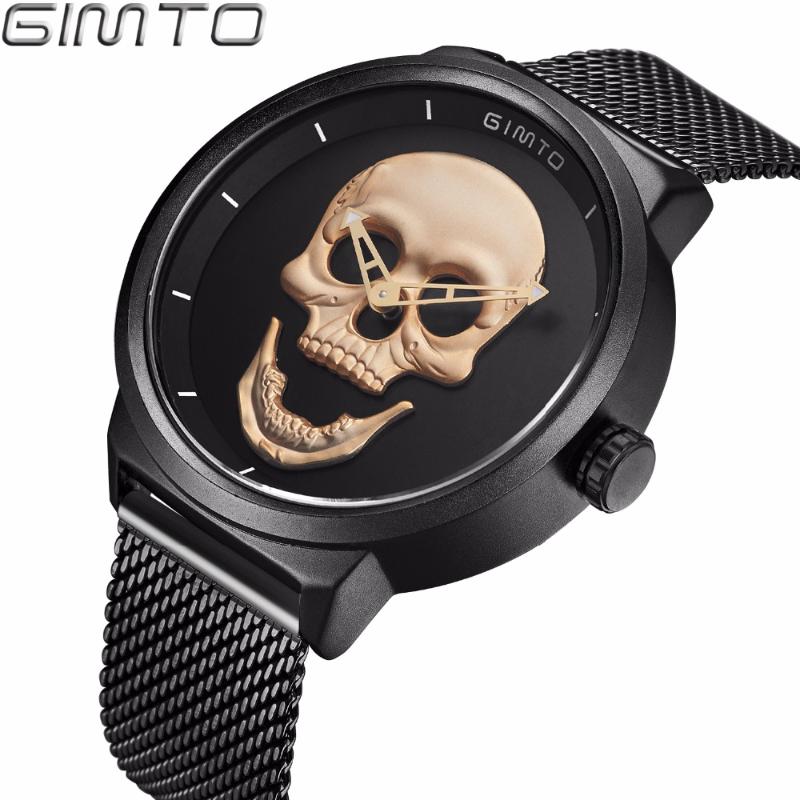 

Wristwatches Fashion Skeleton Casual Men's Watches GIMTO Brand Black Stainless Steel Gold Skull Pattern Cool Stylish Quartz Male Wristwatch
