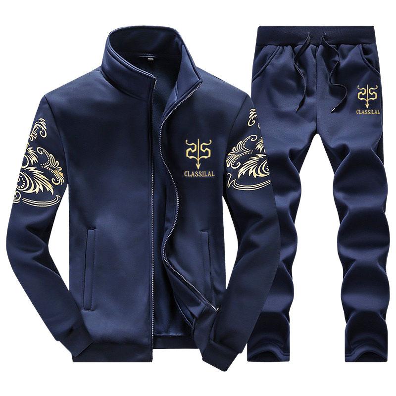 

Mens Track Suit Set Printed Jacket +Sweatpant Sets Fashion 2 Piece Outfits Autumn Spring Sportwear Casual Sweatshirt Pant, D38blue