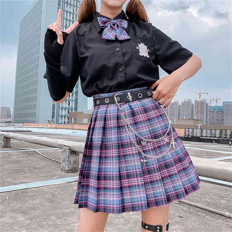 

Kawaii Skirt Harajuku Plaid Pleated Mini Women Girl Summer High Waist Cosplay Lolita Preppy Style Sweet School JK1001 210702, Bow tie