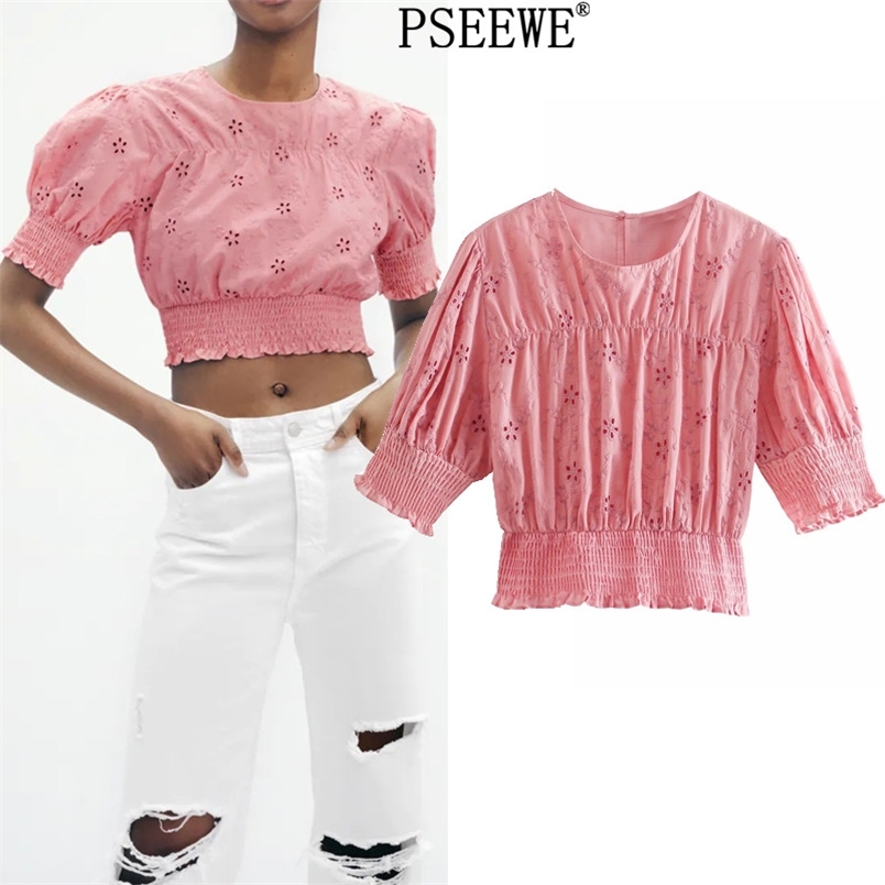 

Blouse Woman Pink Cutwork Embroidery Crop Top Female Short Puff Sleeve Women Fashion Summer Beautiful Blouses 210519