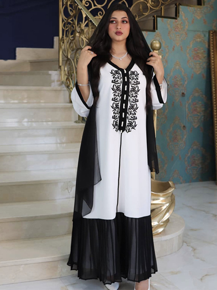 

Linen and Chiffon Patchwork Dresses Fashion Women All Seasons Muslim Dress Embroidery Robe Vestidos with Heard Scarf, As picture