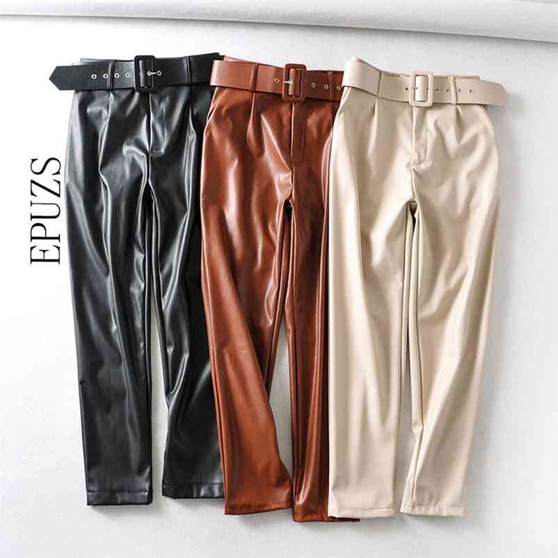 

Vintage bottom black leather pants women high waist streetwear PU ladies joggers casual harem trousers 210521
