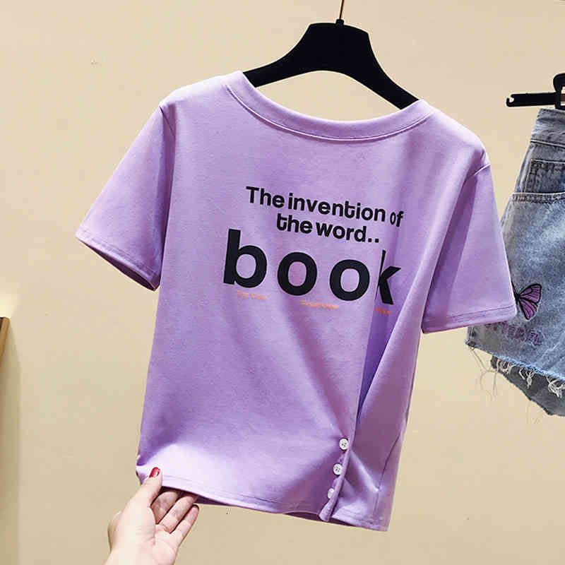 

Women' T-Shirt Shintimes Button Short T Women Letter Crop Tops Cotton Woman Clothes Summer Sleeve Fashion Tee Femme OQZB, White