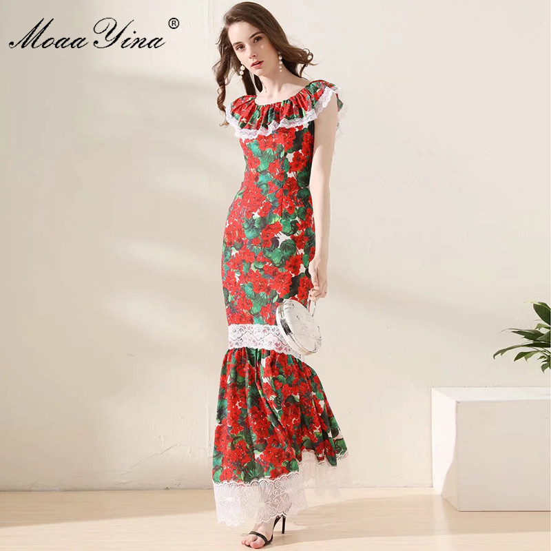 

Fashion Designer Runway Dress Spring Summer Women Lace Floral Print Slim Package buttocks Maxi Mermaid 210524, Red
