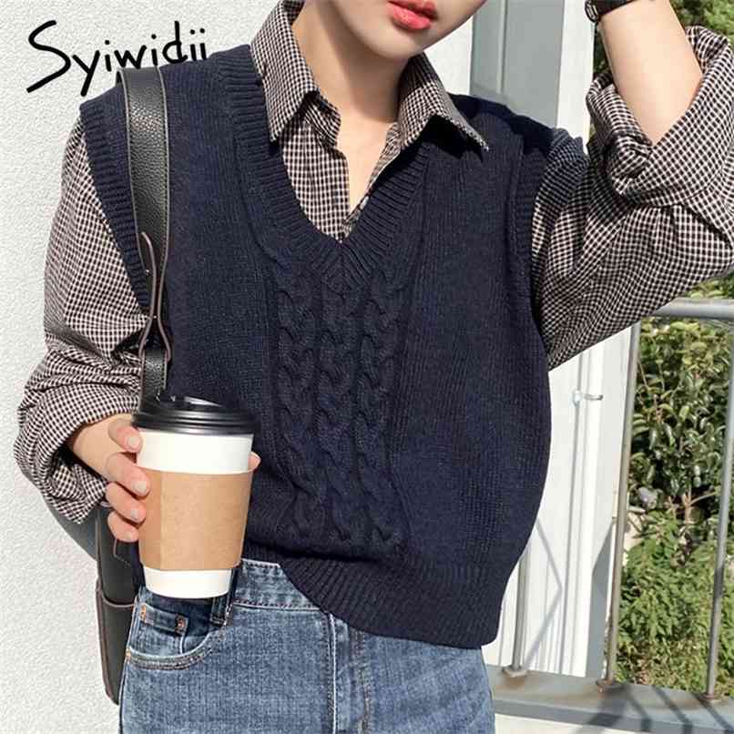 

Girl Sweater Vest Women Jumper V Neck Pullover Knitted Vests Crop Top Autumn Winter Outfit Korean Style Tops 210607, Navy blue
