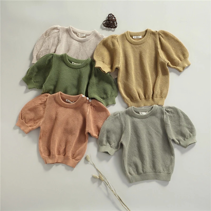 

INS Girls hollow knitting pullover kids puff short sleeve tops children princess sweater clothing A7807, Gray green