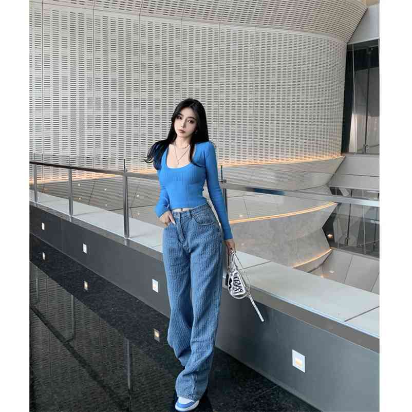 

Knitted crochet net pattern breathable style ladies loose straight high waist young slim jeans 210629, Blue