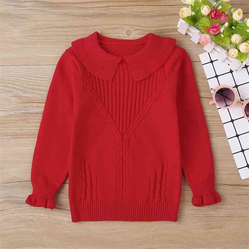 

Winter Children Casual Cotton Knitted Long Sleeve O Neck Turn-down Collar Red Solid Baby Girls T-shirt 0-2T 210629