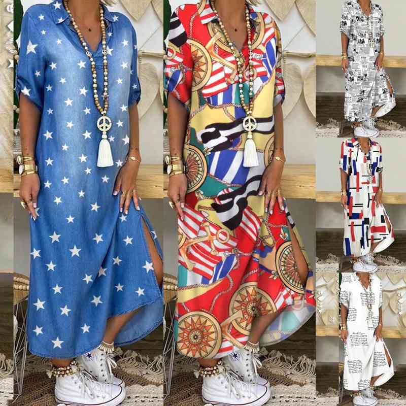 2020 women&#039;s fashion printed medium sleeve dress long shirt skirt-image-699848067