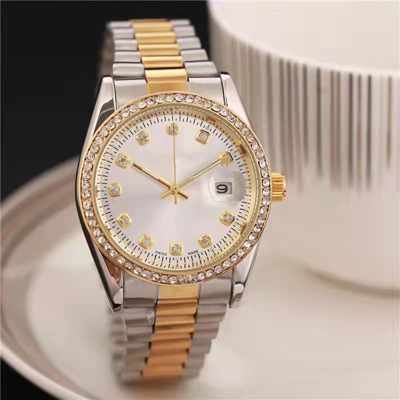 

Brand Watches Women Ladies Girl Crystal Style Dial Metal Steel Band Quartz Luxury Wrist Watch X195, Gold silver gold