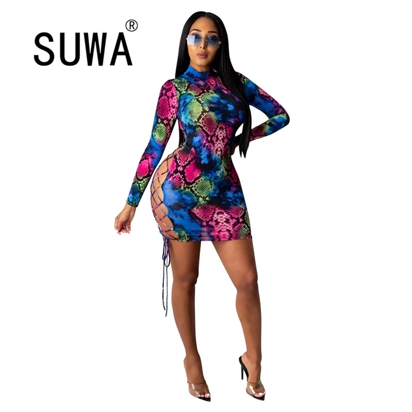 

Backless Hollow Out Lace Up Bandage Sexy Dresses For Women Summer Outfits est Snake Print Long Sleeve Party And Wedding 210525, Multi