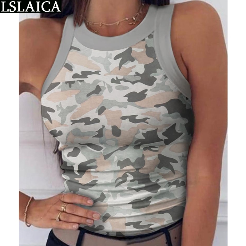 

top women sleeveless slim round neck camouflage print fashion tops casual wild daily knitted Tanks 210520, Gray