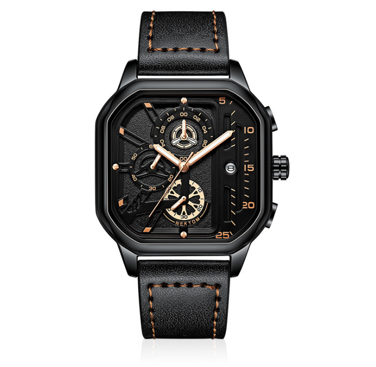 

Cool Black NEKTOM Brand Hollow Out Mens Watches Accurate Quartz Watch Leather Strap Luminous Square Dial Wristwatches, No send watch for shipping
