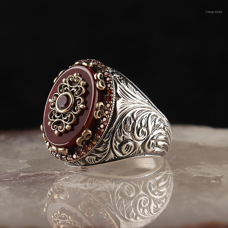 

Cluster Rings 925 Sterling Silver For Men Handmade Zircon Stone Vintage Gift Mens All SizeTurkish Jewelry, Golden;silver