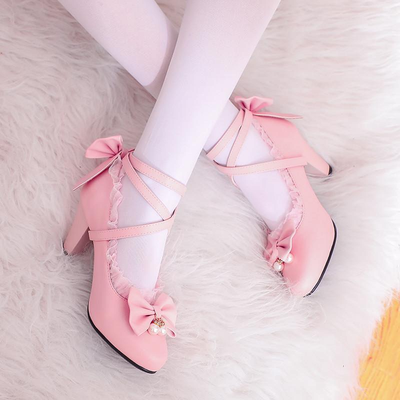 

Dress Shoes YQBTDL Cross Strap Women Spike High Heels Mary Jane Party Wedding Cosplay White Pink Ruffles Bow Princess Lolita Pumps 43, Black
