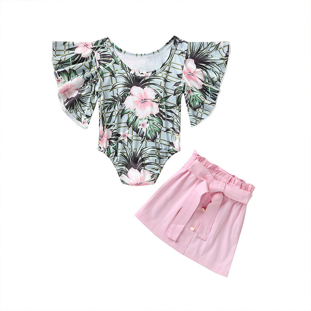 

Girls Flutter Sleeves Rompers+Skirts Outfits Summer 2021 Kids Clothes for Boutique 0-4T Girls Onesies Skirts 2 PC Set Fashion, Grass green