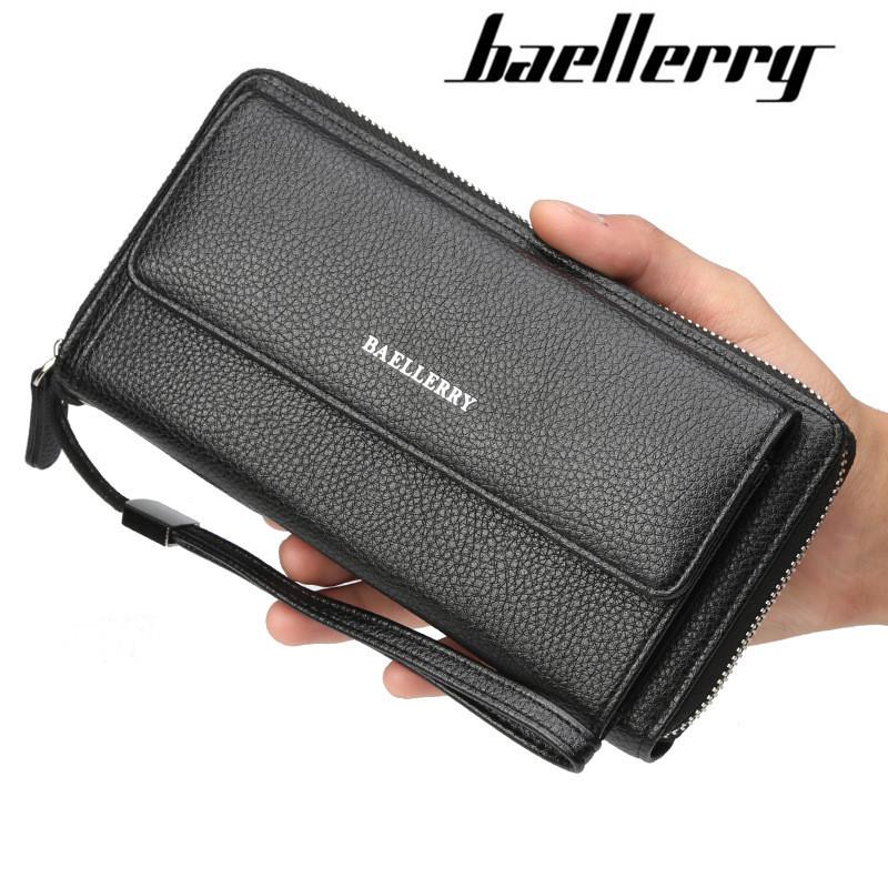 

Baellerry Men PU Leather Clutch Wallets Zipper Large Capacity Hand Strap Wallet Luxurious Business Solid Male Purses, Red;black