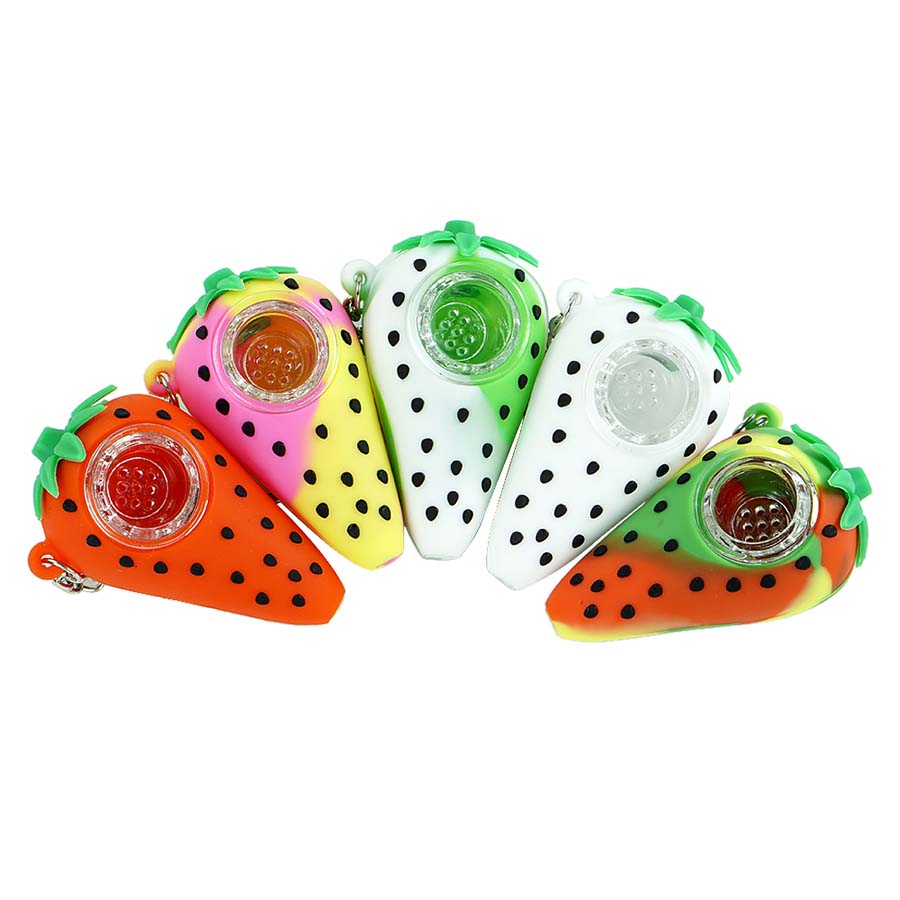 

New strawberry hand pipe tobacco pipes silicone material oil rig with glass bowl Donut shape wax burner lenght 2.9"