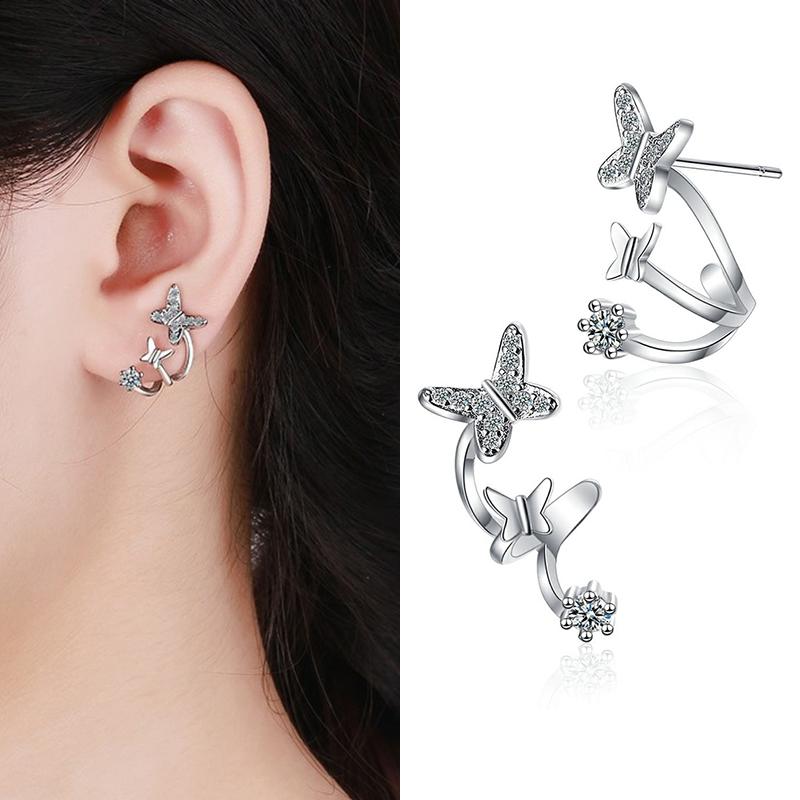 

Stud Fashion Asymmetrical Cute Butterfly Earrings For Women Crystal Zirconia Exquisite Versatile Female Cuff Earring Jewelry, Golden;silver