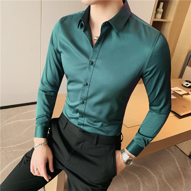 

Men's Casual Shirts High Quality Solid Dress Shirt Men Long Sleeve Fashion Slim Male Social Business Black White Green, White;black