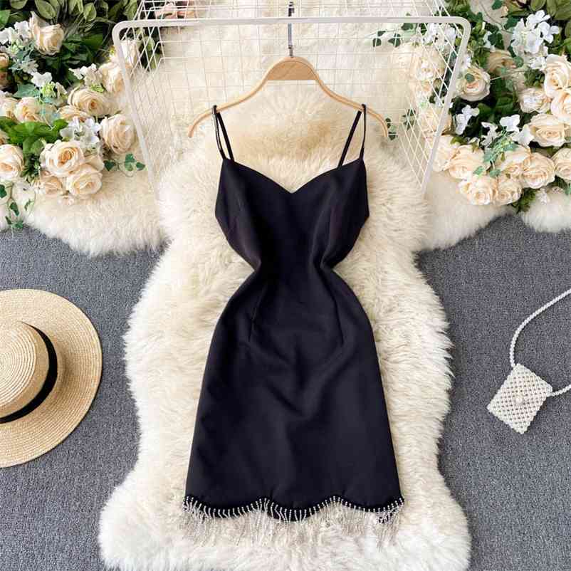 

Women Tassel Black Sexy Open Back Suspender Dress V-neck Slim Short Fashion Spring Summer 11B780 210525