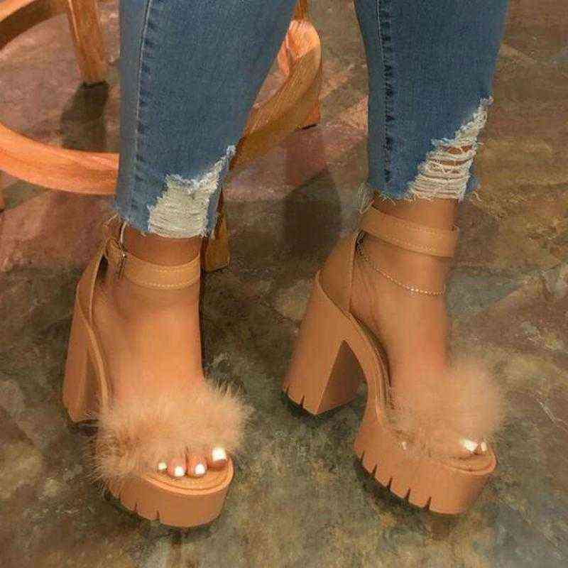 

Ladies Furry Sandals High Heels With Fur Women's Platform High Heels Ladies Ankle Straps Ladies Wedges 2021 Summer Fashion H1126, Yellow