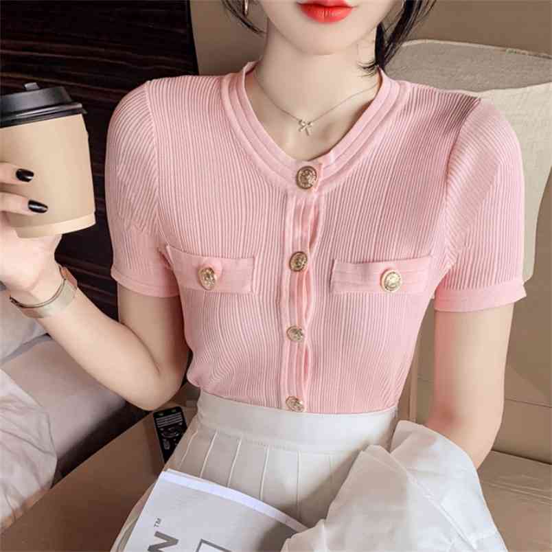 

Woman Summer Elegant Temperament Knitting O-Neck Button Design Slim Solid Chic Cardigan Female Short Top 210519, Pink