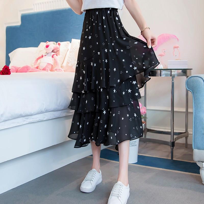 

Skirts Casual Cake Skirt Women 2021 Summer High Waist Floral Chiffon Irregular Fishtail Ladies Fashion Elegant Dot