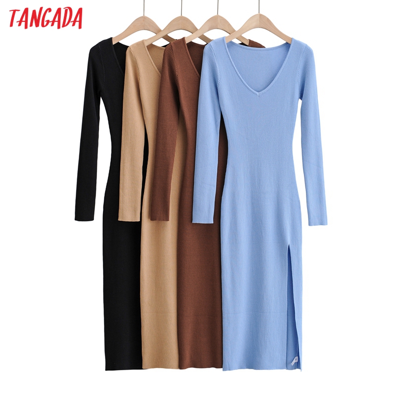 

Tangada fashion women solid elegant v neck sweater dress long sleeve ladies side open midi dress 4P20, Black