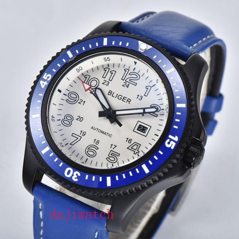 

Mm BLIGER White Dial Stainless Steel Case Rotating Bezel Date Luminous Automatic Movement Men's Watch Wristwatches, Blue